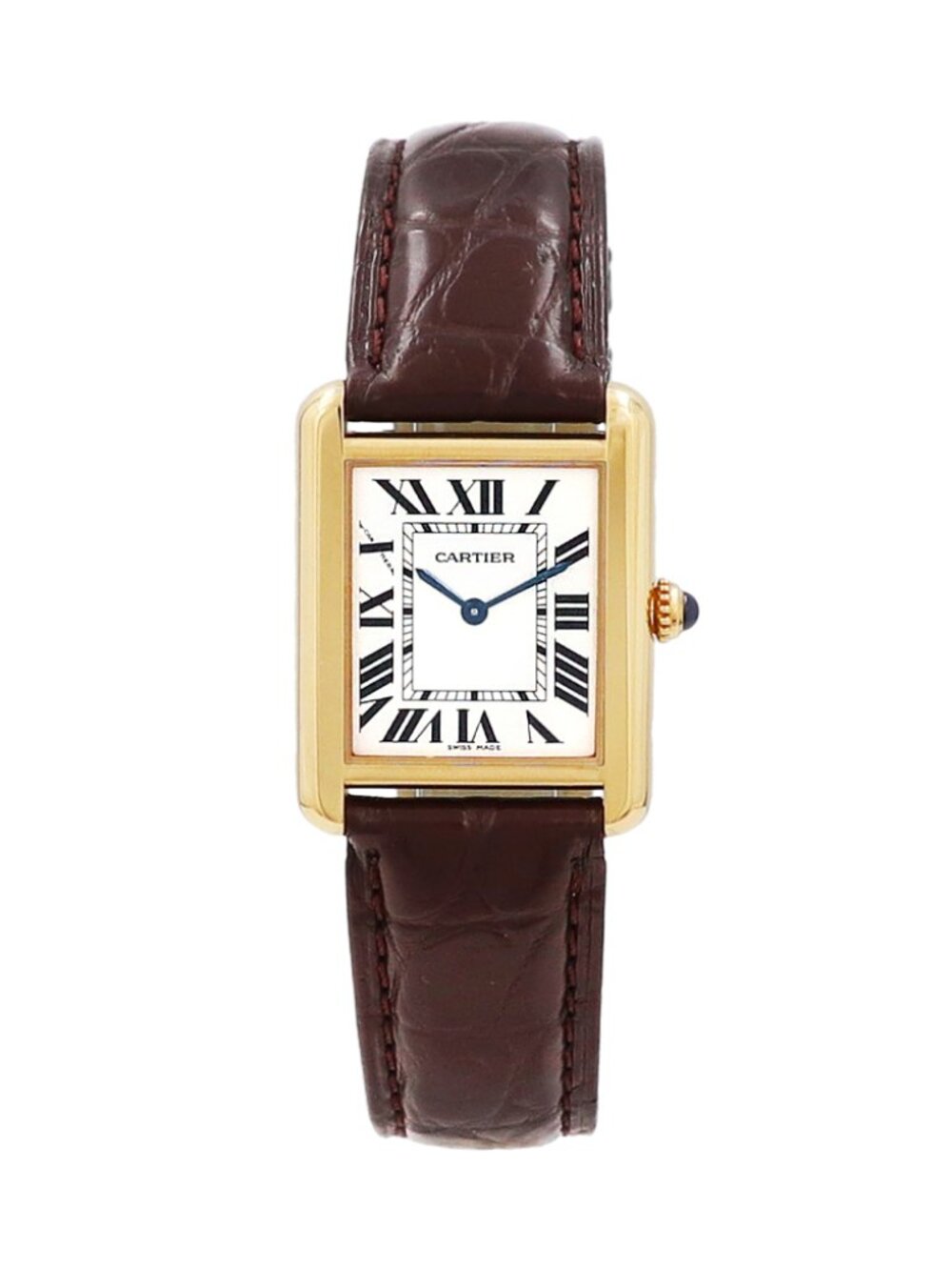 Cartier Tank Solo Silver Roman Numeral Dial Watch on Brown Leather Strap